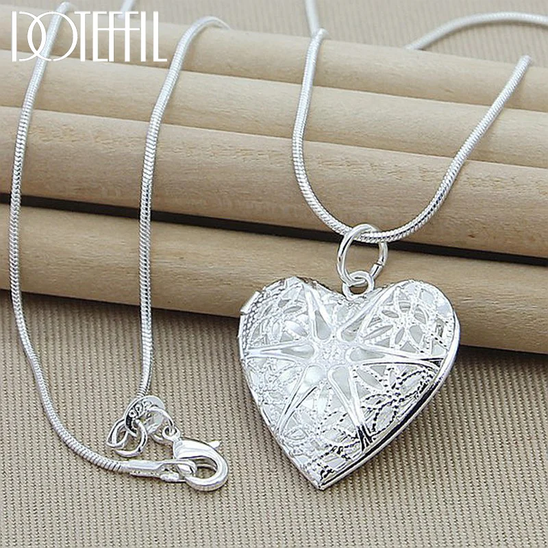 DOTEFFIL 925 Sterling Silver Photo Frame Pendant Necklace 18/20/22/24 Inch Snake Chain For Woman Jewelry