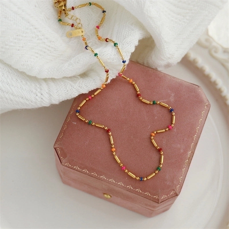 Minimalist Classic Style Color Block Titanium Steel Beaded Necklace