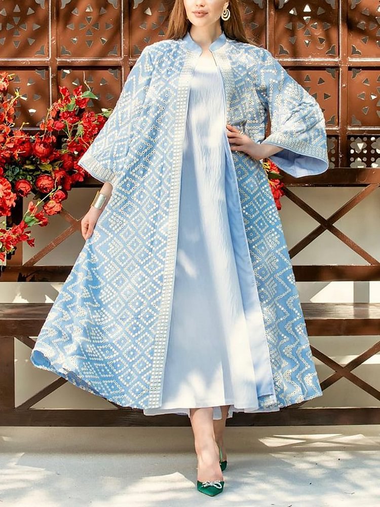 Blue Geometry Pattern Loose Long Sleeve Women Abaya