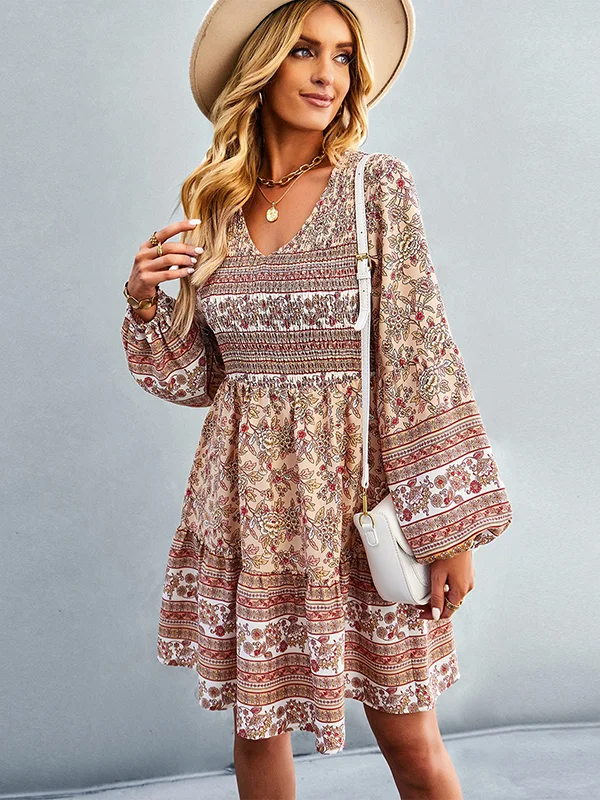 Bohemia A-Line Loose Floral Printed V-Neck Dress