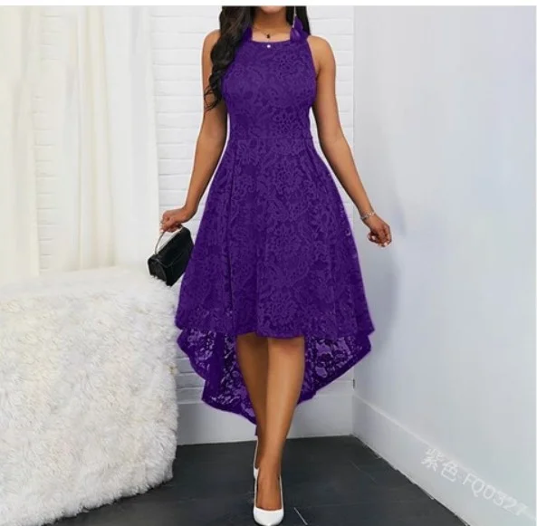 Purple Sleeveless High Low Halter Lace Party Dress