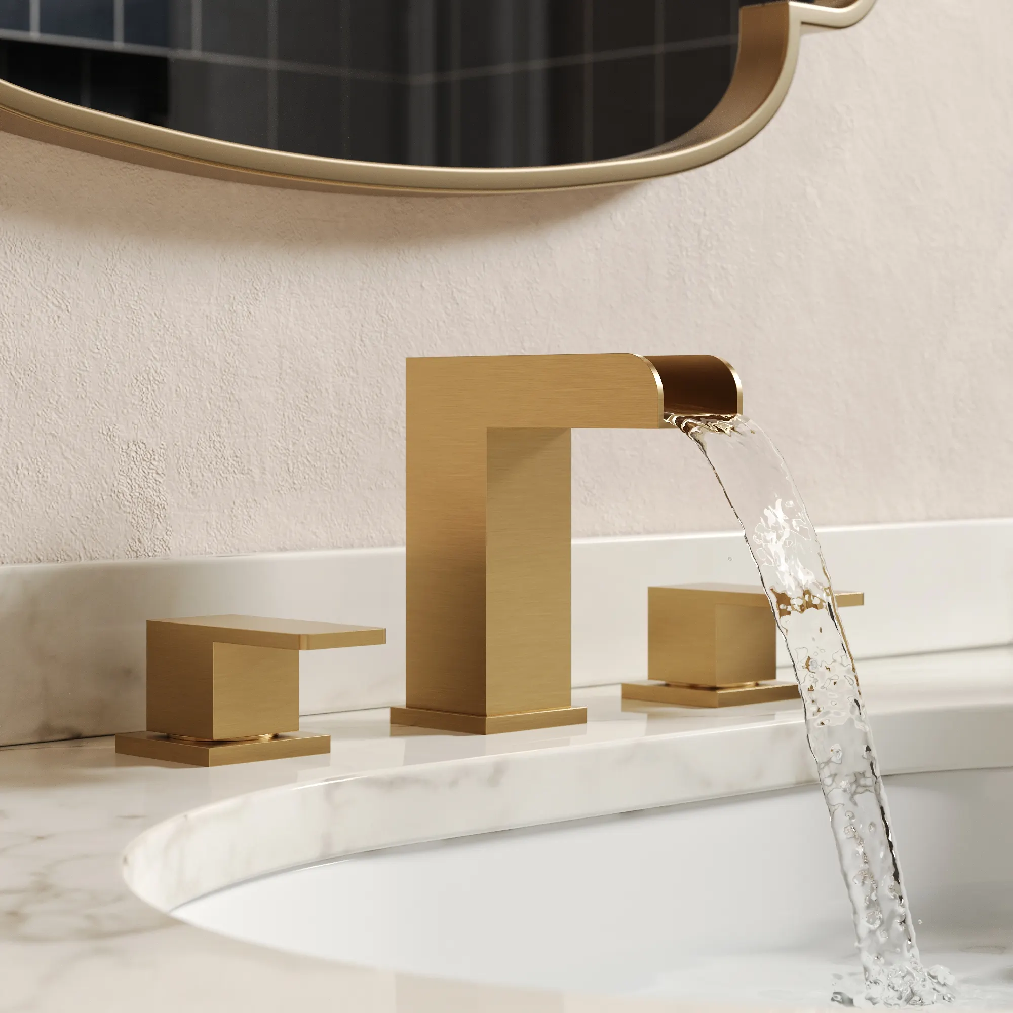 Compact centerset faucets installed on a double bathroom vanity.