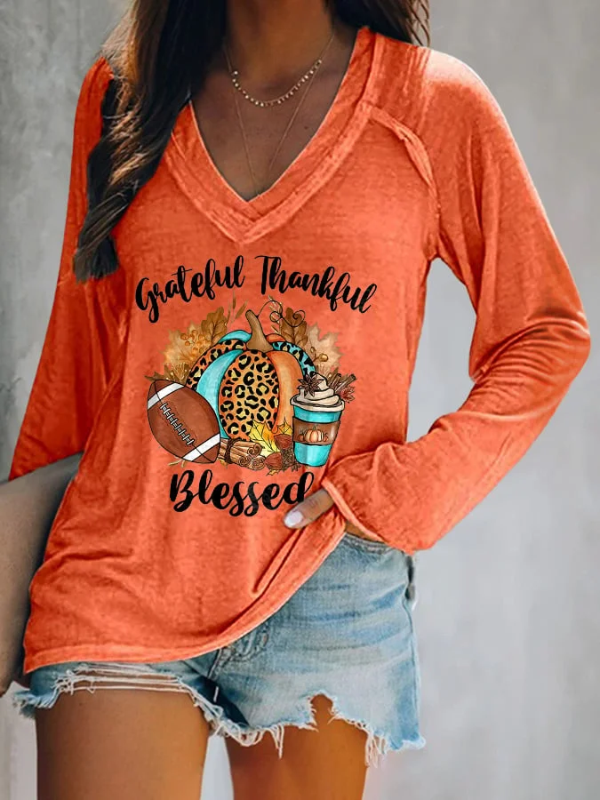 Women's Grateful Thankful Blessed Print Casual T-Shirt