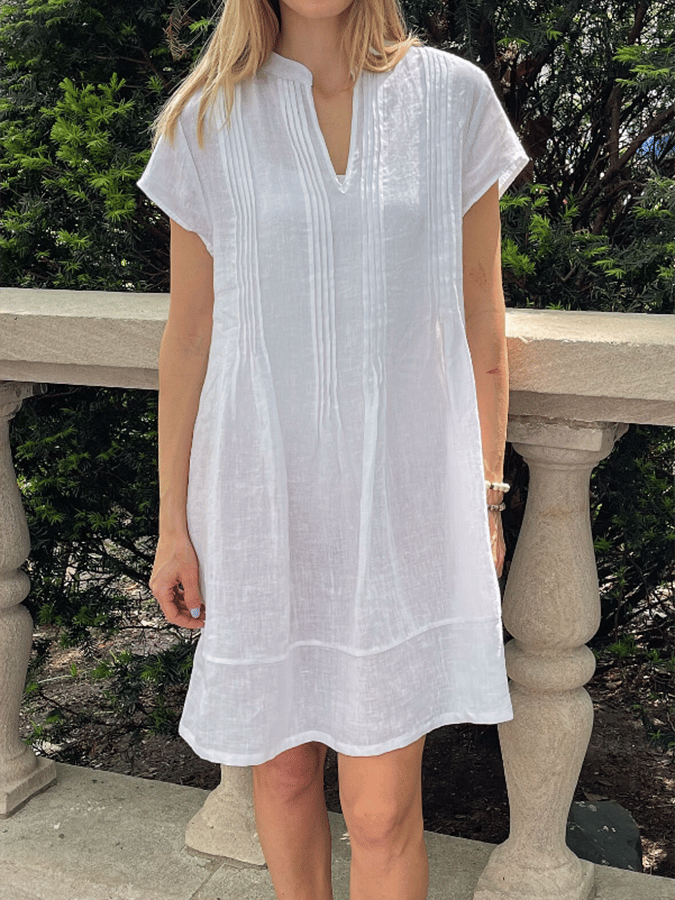 Women's Pleated Design Solid Color Simple Casual Cotton And Linen Dress