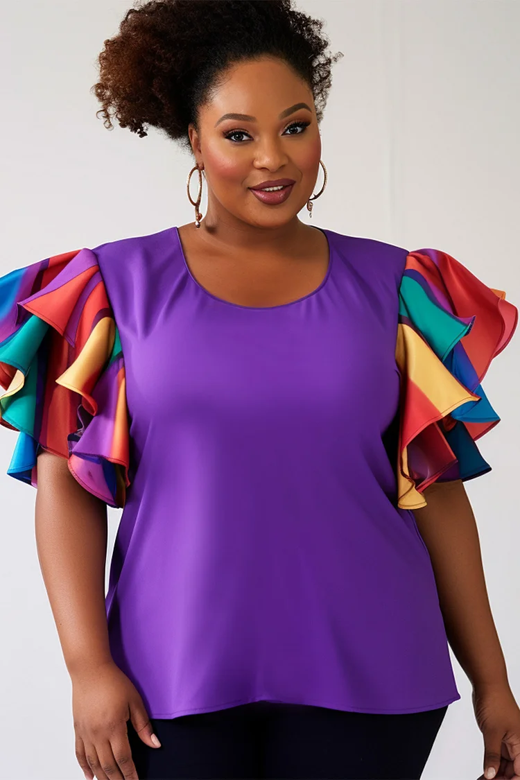 Xpluswear Design Plus Size Vacation Purple Casual Gradient Round Neck Flutter Sleeve Short Sleeve Ruffle Tops [Pre-Order] 2024 - Xpluswear