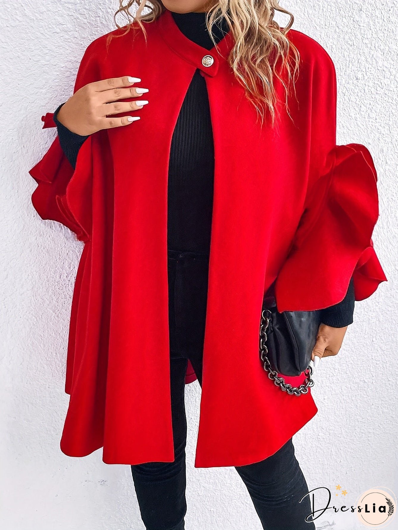 Plus Size Button Front Coat, Casual Ruffle Sleeve Coat For Fall & Winter, Women's Plus Size&nbsp;Clothing