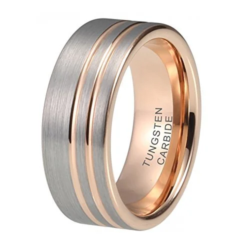 Women's Or Men's Rose Gold and Silver Tungsten Carbide Wedding Band Rings Double Offset Lines / Grooves.Pipe Cut Style And Comfort Fit Ring With Mens And Womens For Width 4MM 6MM 8MM 10MM