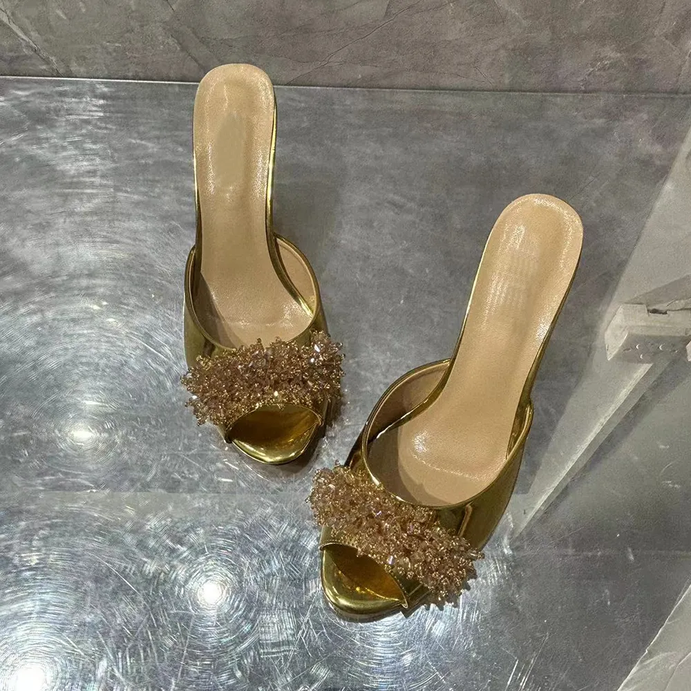 Women's 100mm High Heels Elegant Gold Floral Mules Sandals Stilettos For Wedding Party