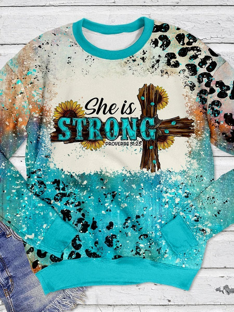 She Is Strong Proverbs 31:25 Leopard Print Long Sleeve Sweatshirt