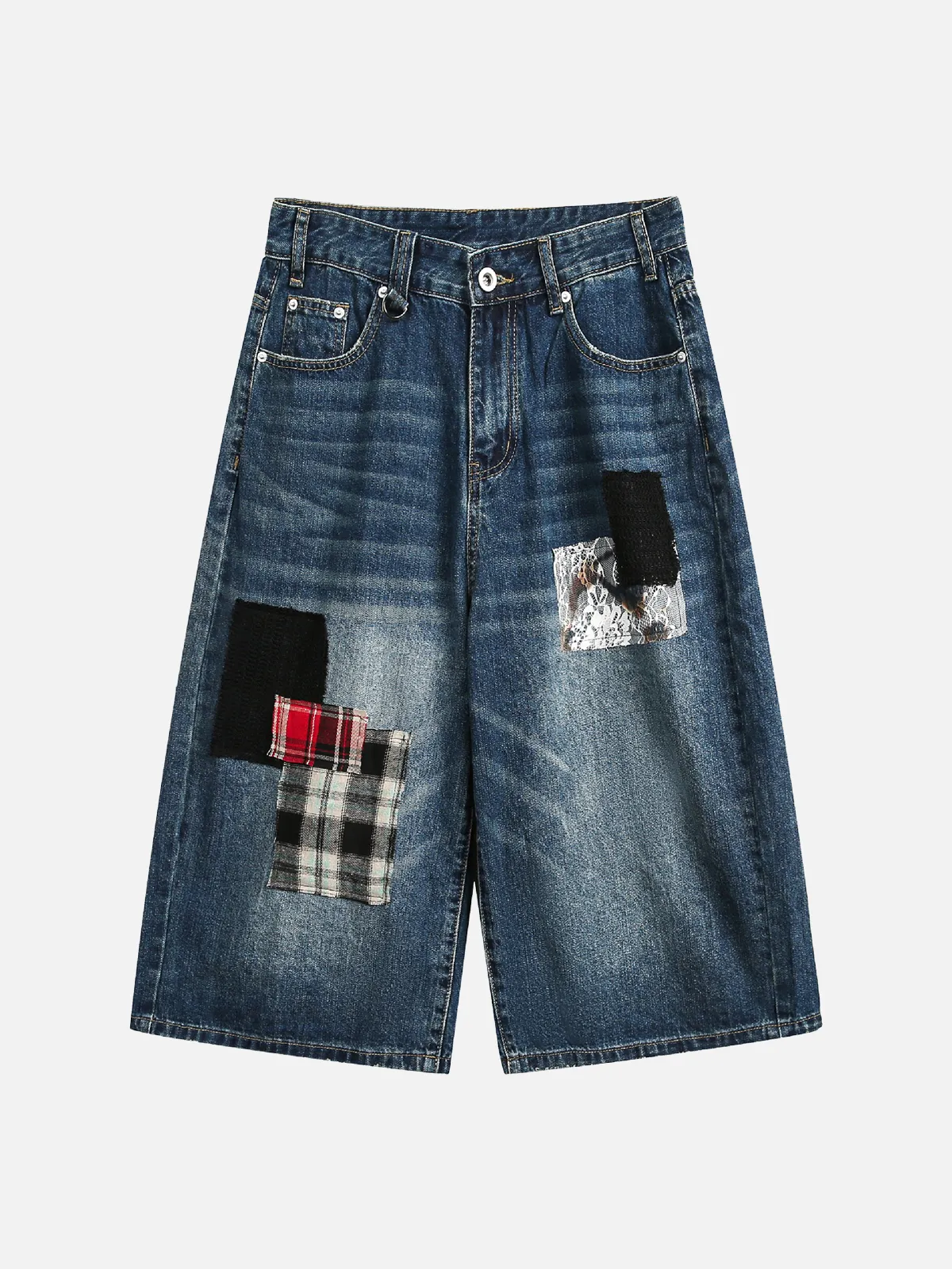 Blue Plaid Appliqué Embroidery Washed Longline Jorts Front