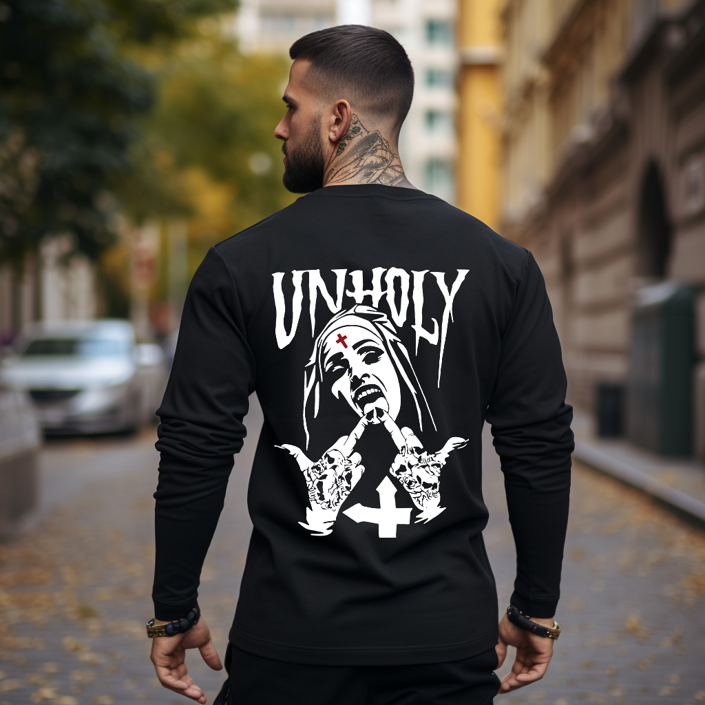 UNHOLY Nun with Crucifix on Forehead Graphic Print Longsleeves Shirt