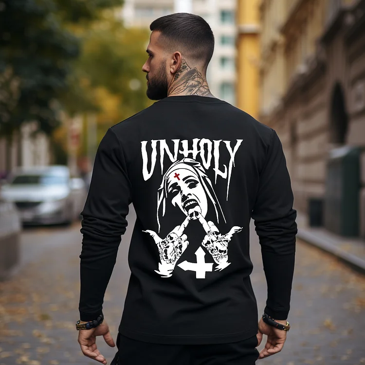 UNHOLY Nun with Crucifix on Forehead Graphic Print Longsleeves Shirt