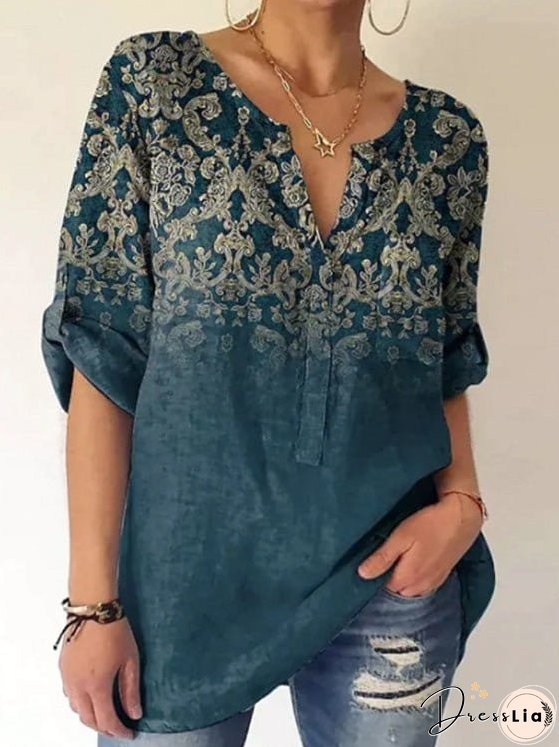 Floral Printed Casual Long Sleeve Tunic Top