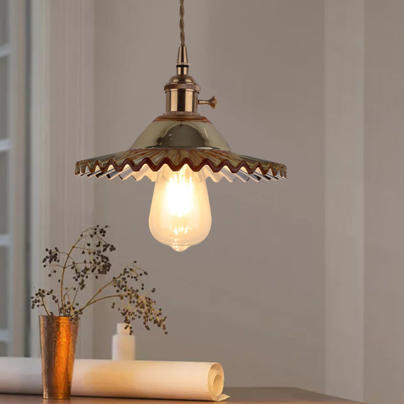 Traditional Farmhouse Round Umbrella Brass Glass 1-Light Pendant Light For Bedroom