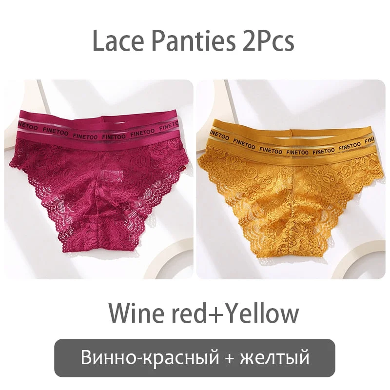 FINETOO 2Pcs Lace Panties Women Sexy Transparent Briefs Low Waist Floral Underwear Fashion Ladies Underpants L-2XL Girl Lingerie