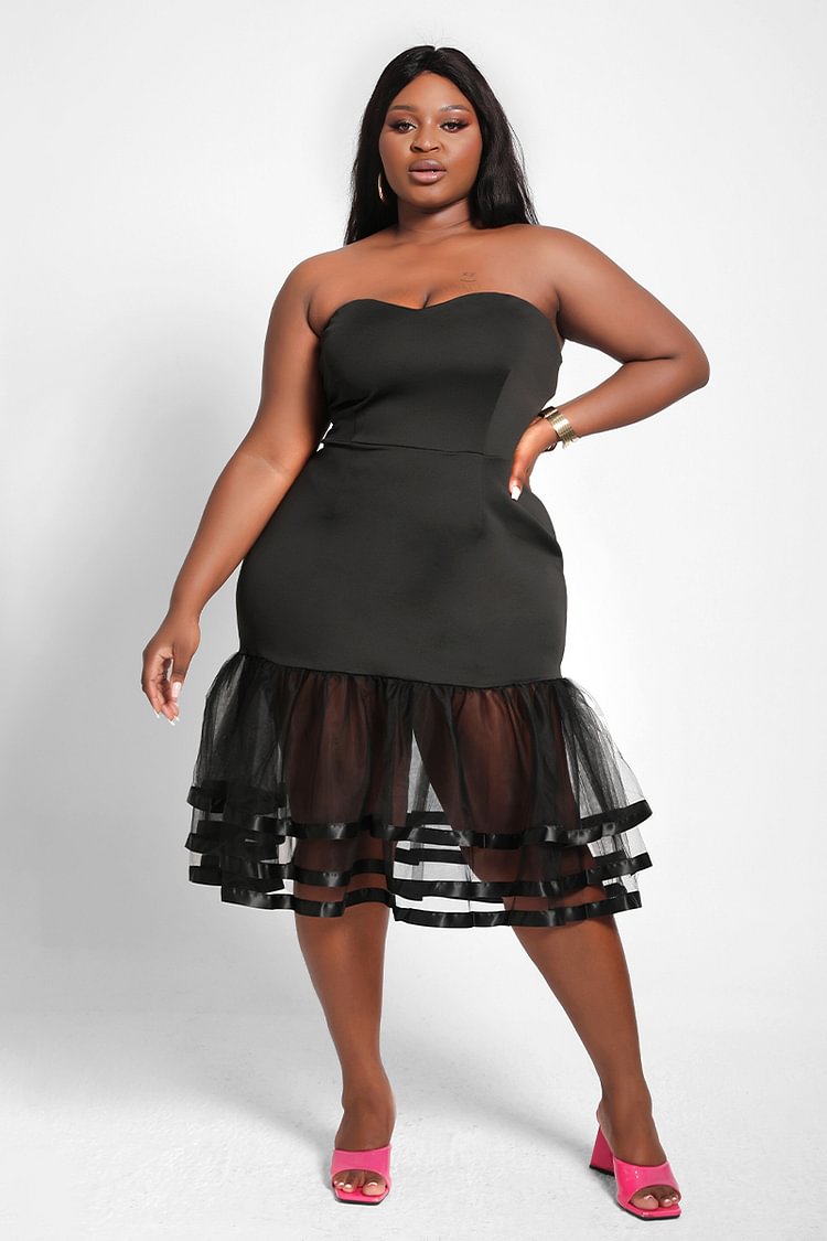 Xpluswear Design Plus Size Tulle Little Black Ruffle Sleeveless Off Shoulder Bodycon Midi Dress
