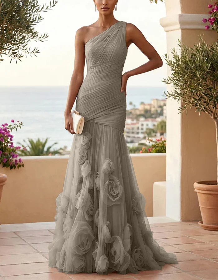 grey fishtail dress Solid Color One Shoulder 3D Floral Mesh Maxi Swatch:#8fa330