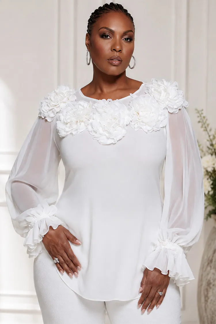 Xpluswear Design Plus Size Daily White Round Neck Lantern Sleeve Long Sleeve 3D See Through Chiffon Blouses [Pre-Order] 2024 - Xpluswear