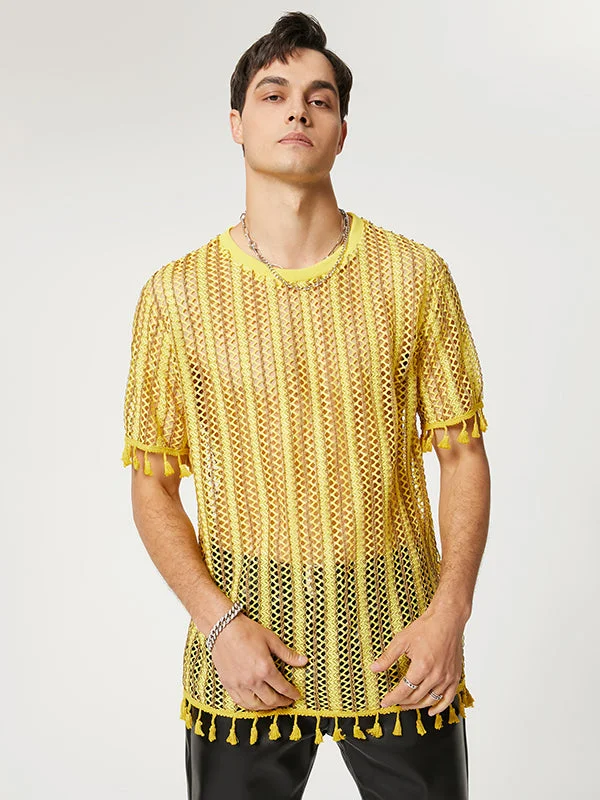 Aonga - Mens Mesh See Through Fringe Stripe T-ShirtJ