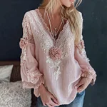 Women's Floral Embroidery Lace Linen V-neck Long-sleeve T-shirt - Image 2