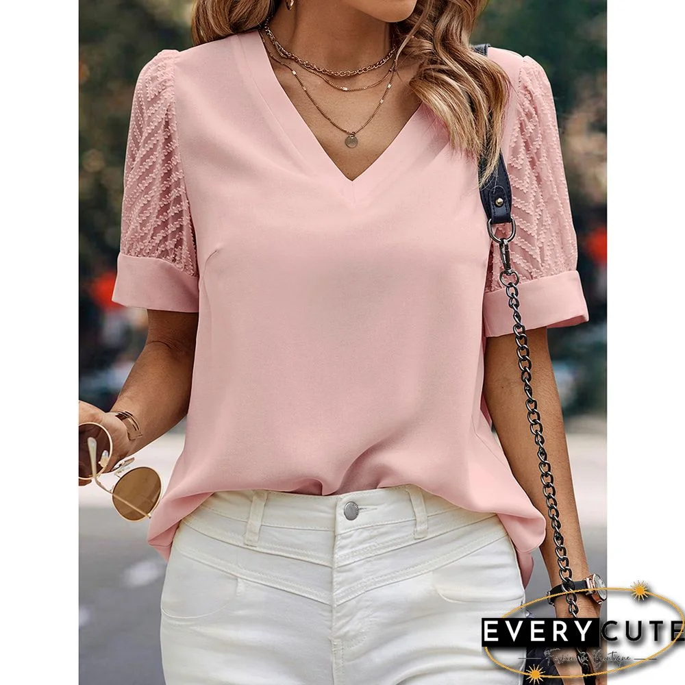Pink V-neck Mesh Short Sleeved Knitted Blouse
