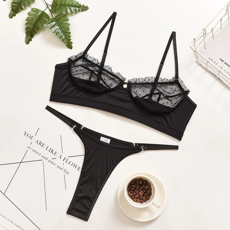 Yimunancy 2-piece Bra Set Women Dot Mesh Bra + Panties 2021 Ladies Black Sexy Lace Lingerie Set