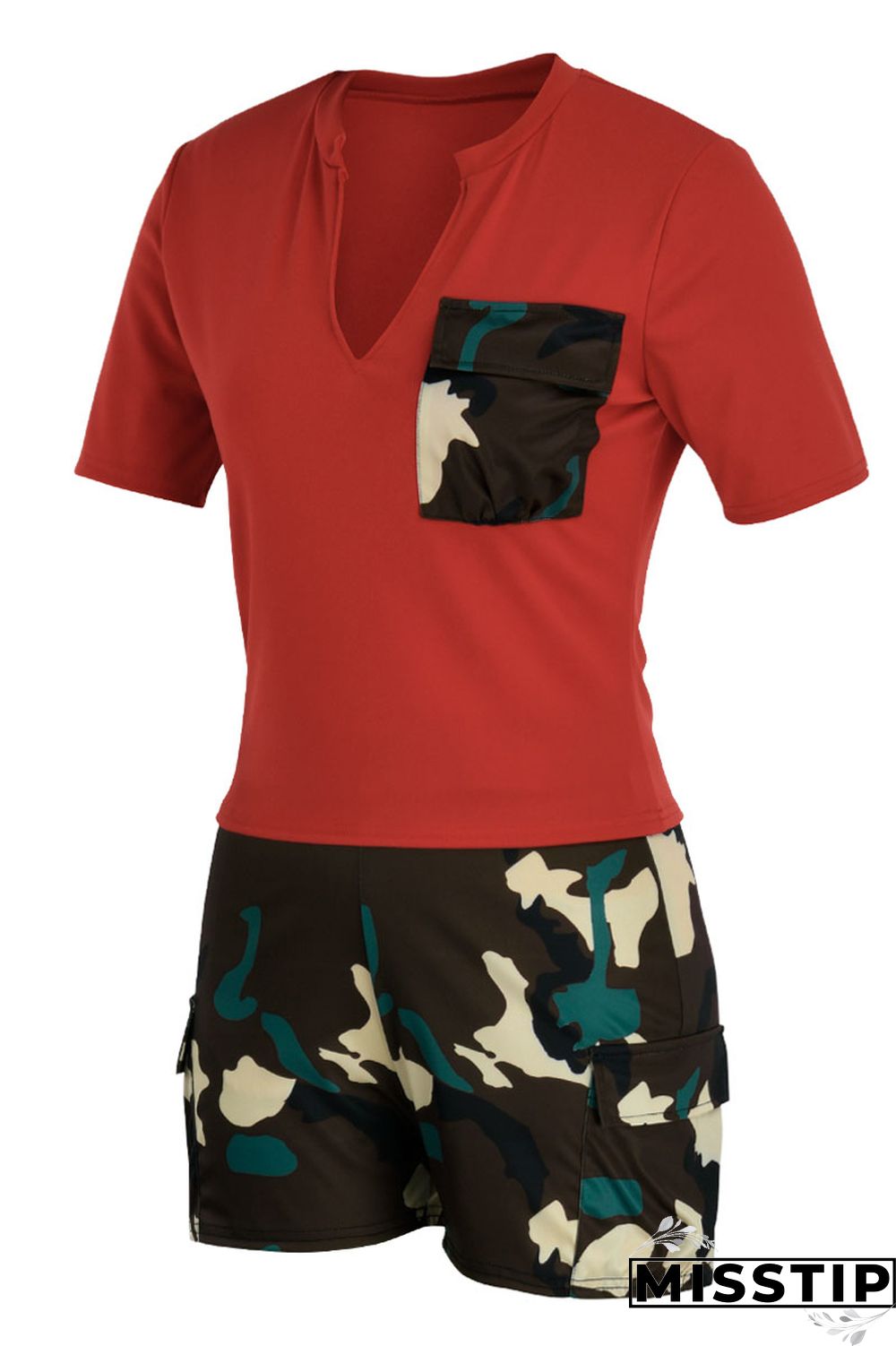 Red Casual Print Camouflage Print Patchwork V Neck Short Sleeve Two Pieces