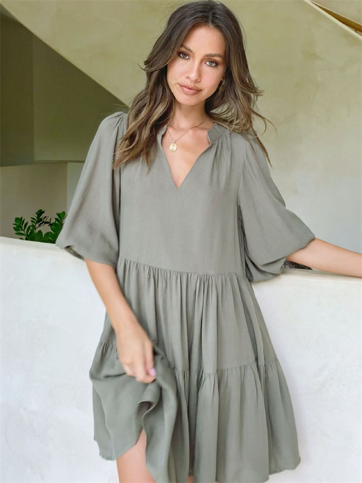 Spring and Summer V-neck Short-sleeved Temperament Casual Style A-line Dress Army Green S M L XL