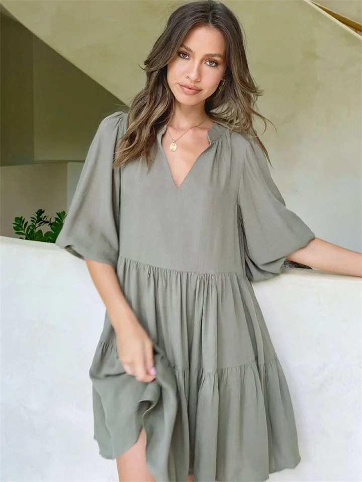 Spring and Summer V-neck Short-sleeved Temperament Casual Style A-line Dress Army Green S M L XL-Cosfine