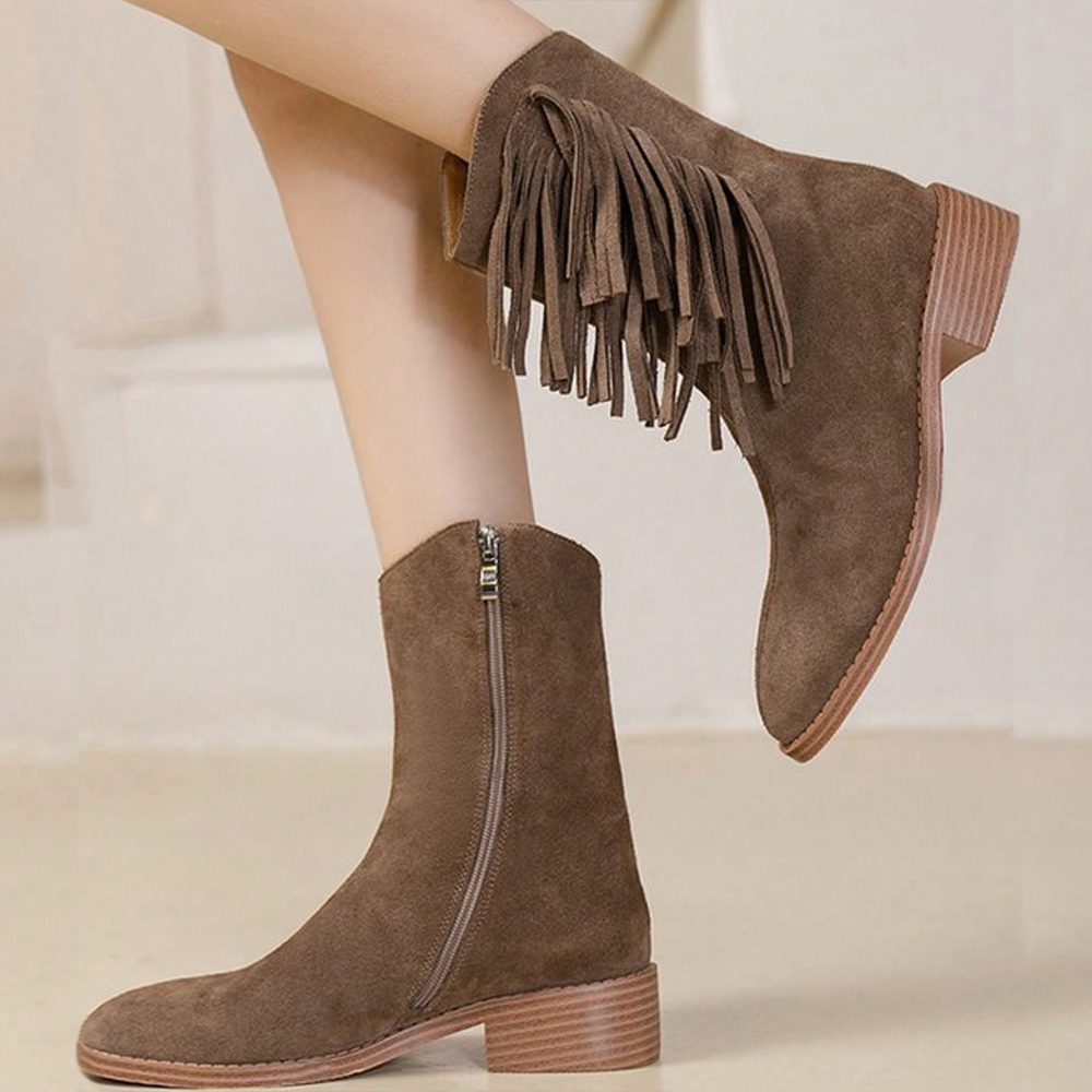 Brown Vegan Suede Closed Toe Chunky Heel Fringe Winter Ankle Boots Nicepairs
