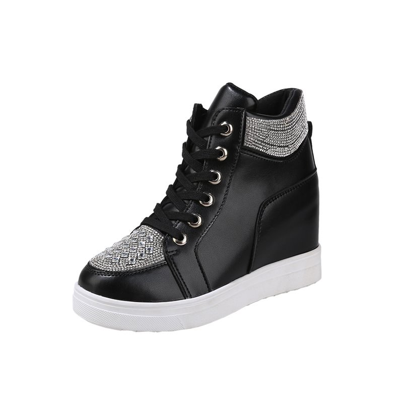 Inner Height Increasing Shoes Women Rhinestone Flats Lace-up Sneakers Shoes-PABIUYOU- Women's Fashion Leader