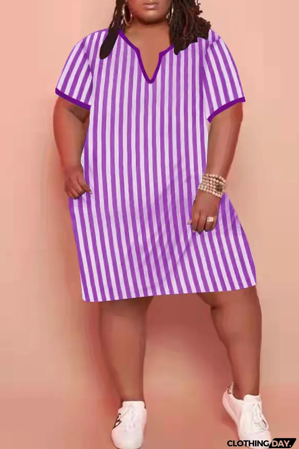 Light Blue Fashion Casual Plus Size Striped Print Split Joint V Neck Short Sleeve Dress