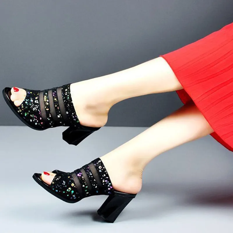 Lucyever high heels glitter slippers women summer 2021 sexy black mesh slip on sandals shoes woman peep toe hollow out sandalias