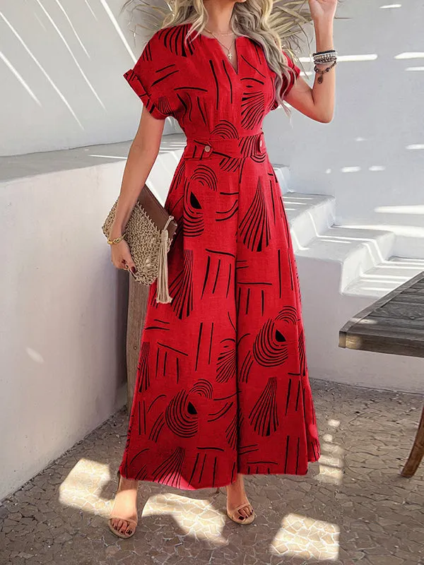 High Waisted Loose Buttoned Contrast Color V-Neck Jumpsuits