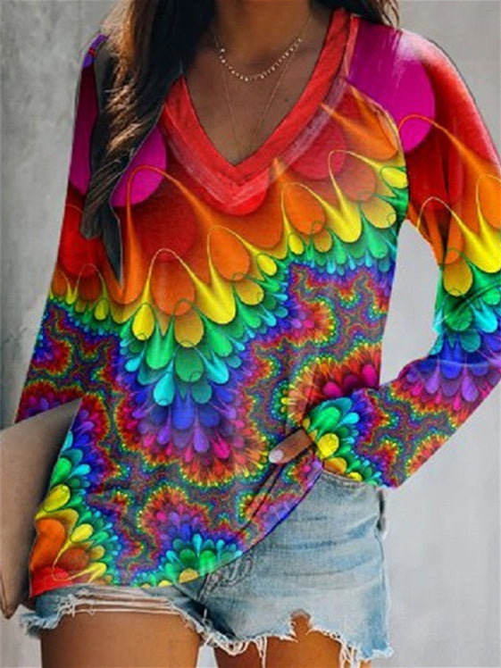 Women Long Sleeve V-neck Graphic Floral Printed Top