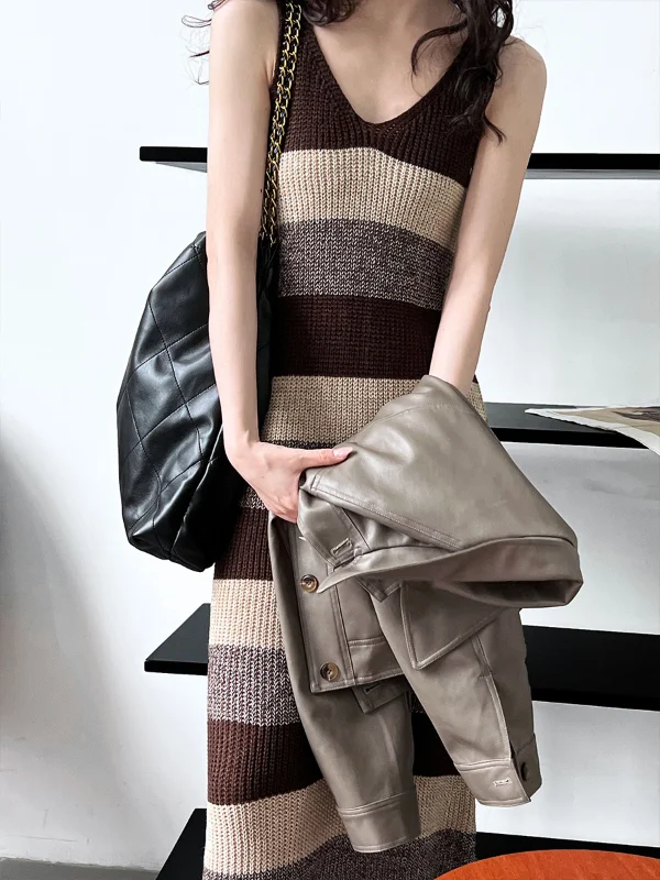 Contrasting Sleeveless Striped Knit Vest Midi Dress