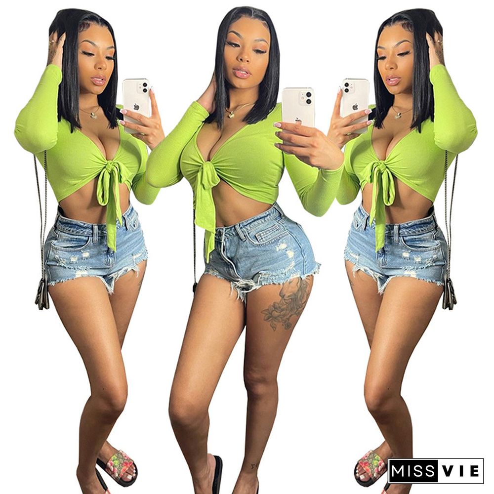 Summer New Arrivals Women Knitted Deep V-Neck Long Sleeve Sexy Solid Color Lace-Up Skinny Crop Tops