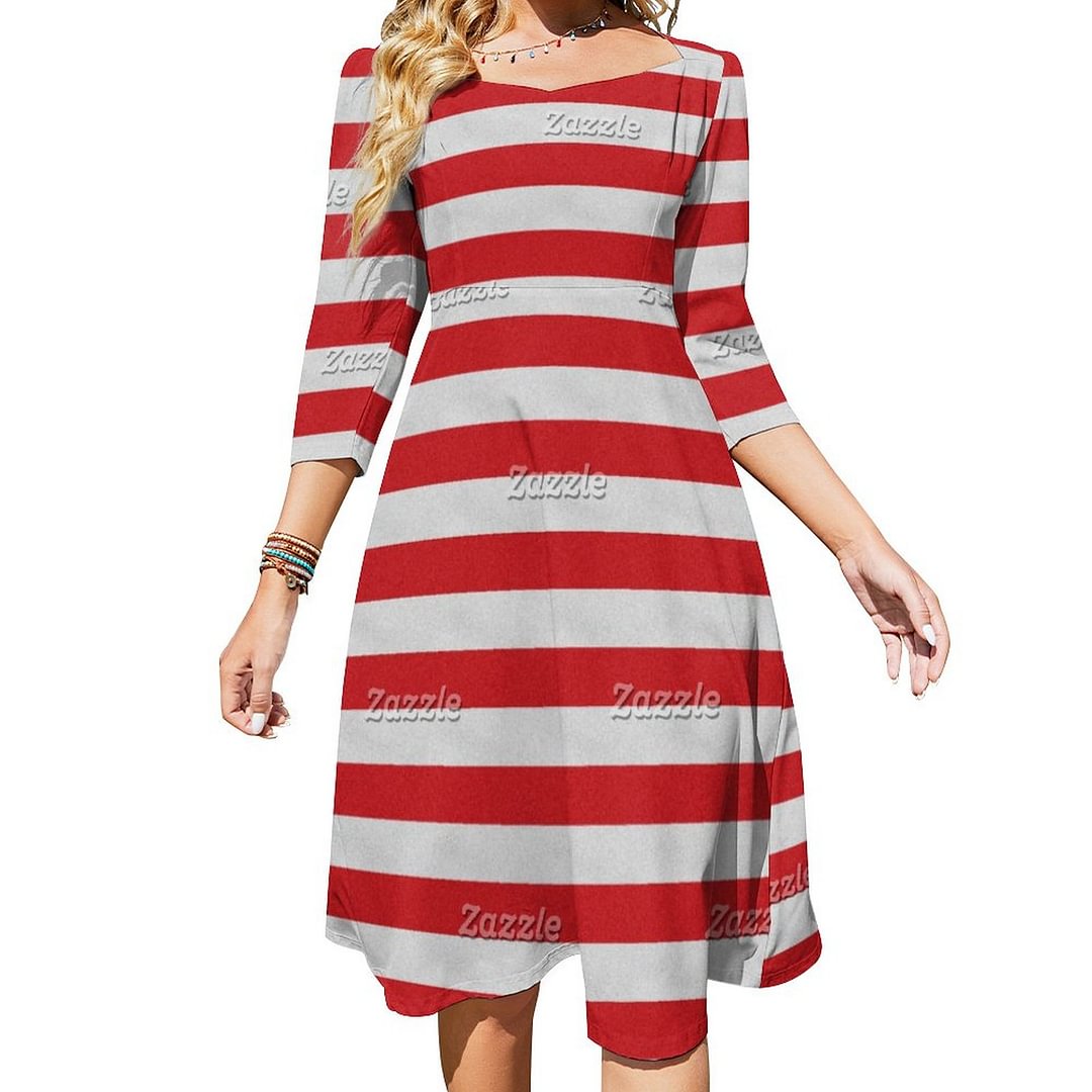 Red And White Striped Dress Sweetheart Tie Back Flared 3/4 Sleeve Midi Dresses