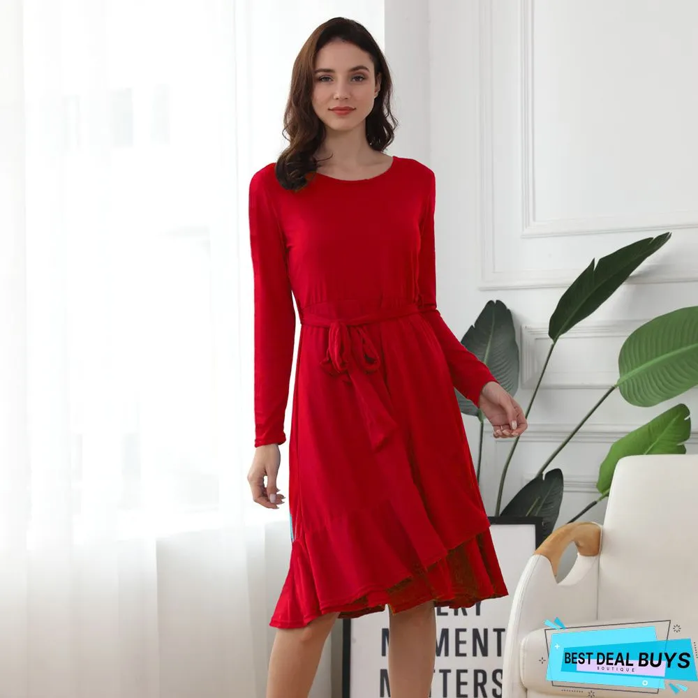 Solid Color Round Neck Ruffled Lace Dress