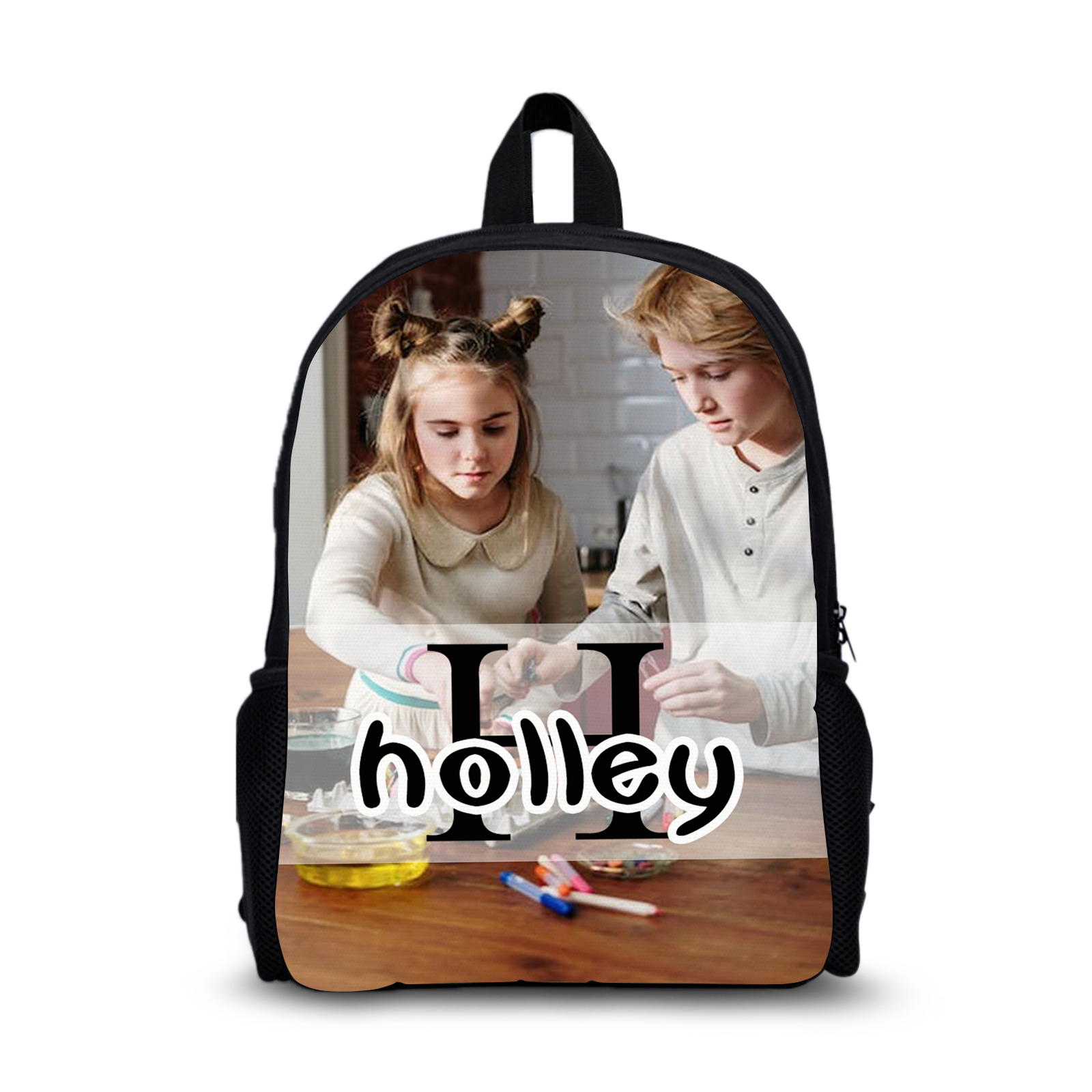 Personalized Photo School Bag Name Black Backpack, Customized Schoolbag Travel Bag For Kids
