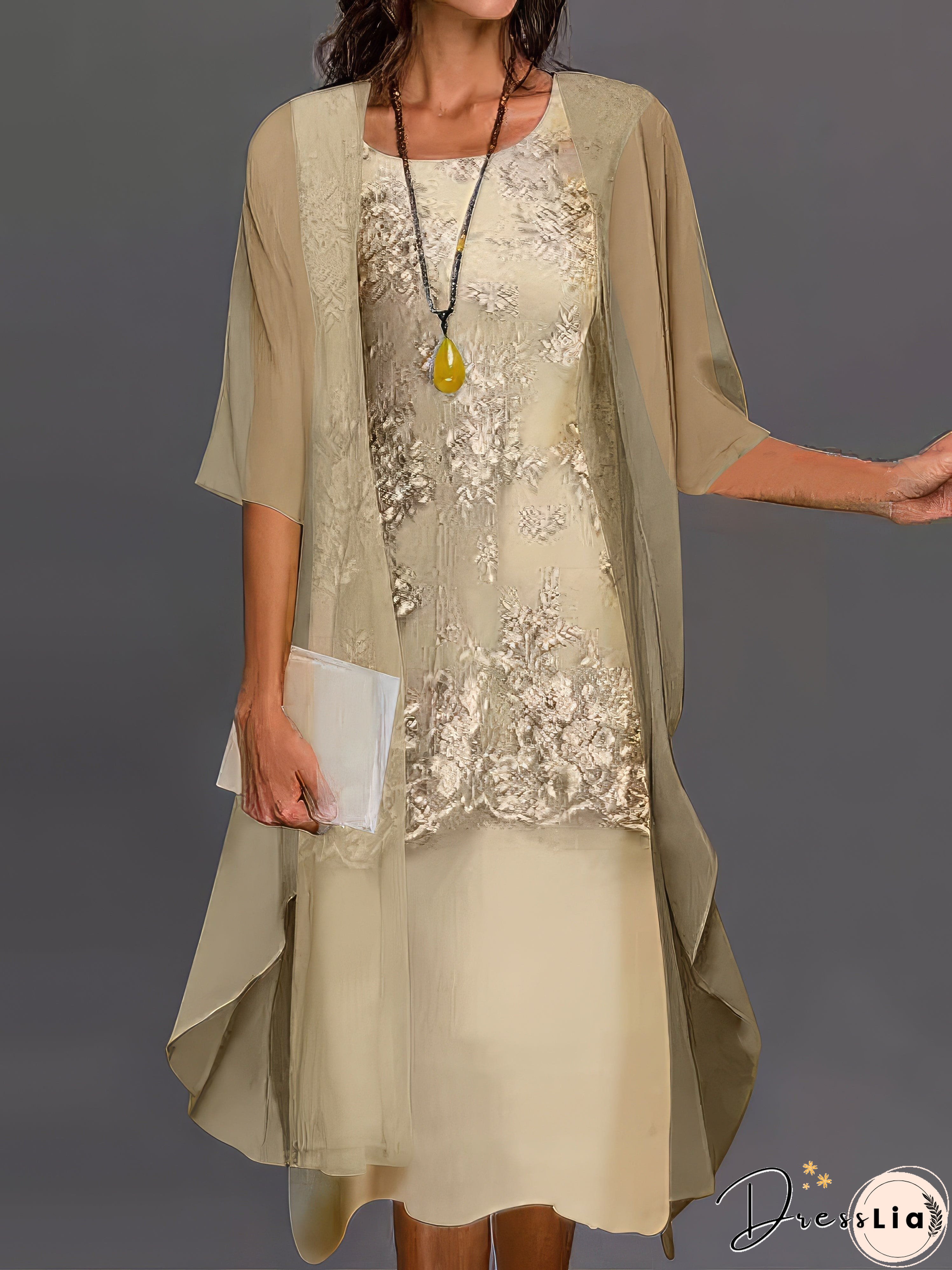 Lace Floral Embroidered Layered Patchwork Crew Neck Elegant Midi Dress