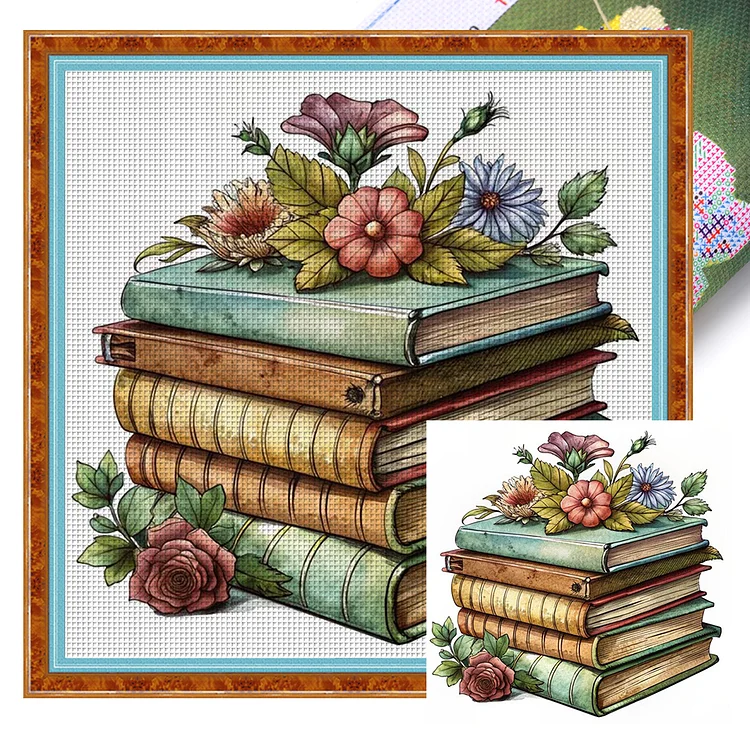 Flowers And Books Pile (40*40cm) 11CT Stamped Cross Stitch gbfke