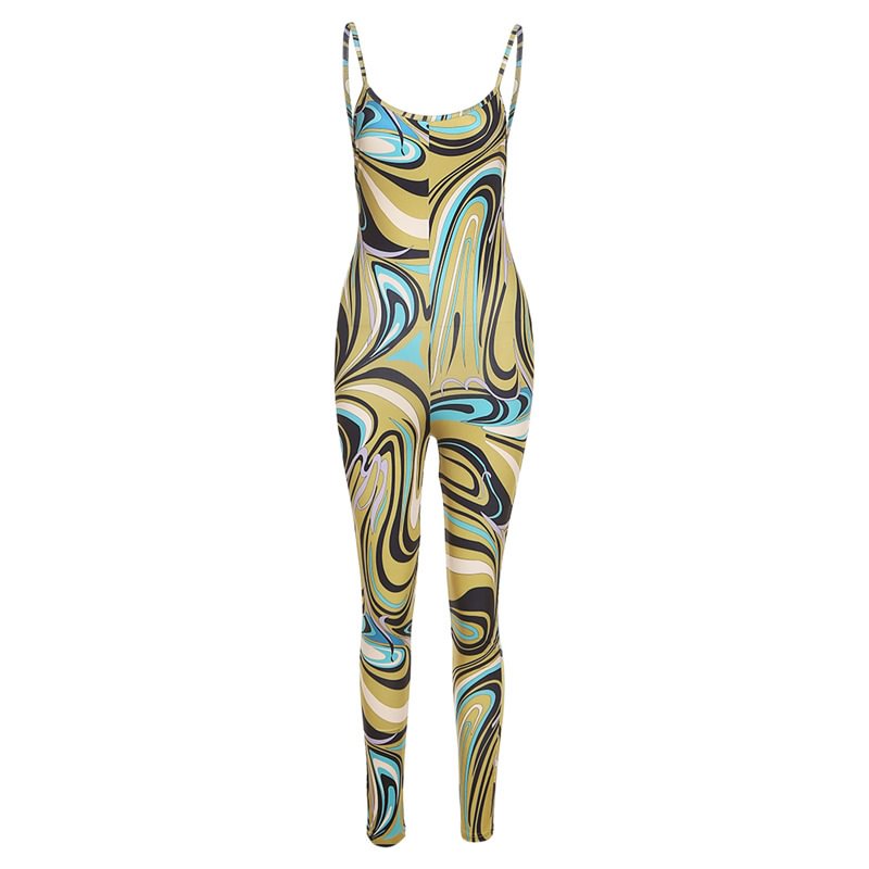 Women's Fashion Printed Backless Sling High Waist Tight Jumpsuit