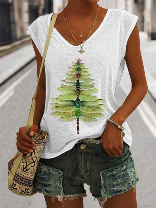 Women's Casual Watercolor Dragonfly Tree Cotton Blend Print Vest