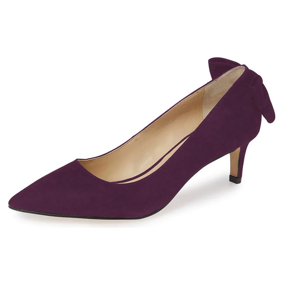 Purple Vegan Suede Back Bow Pointed Toe Kitten Heel Pumps for Women