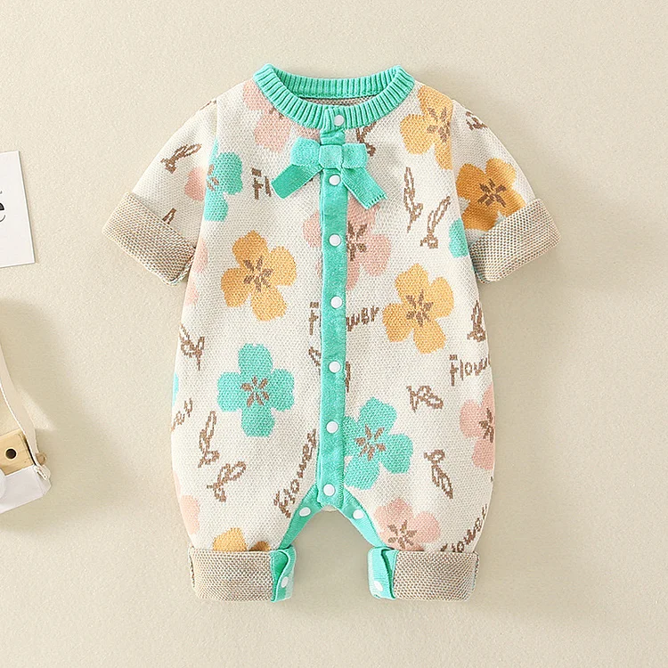 Baby Girl Floral Pattern Bowknot Button Up Knitted Romper