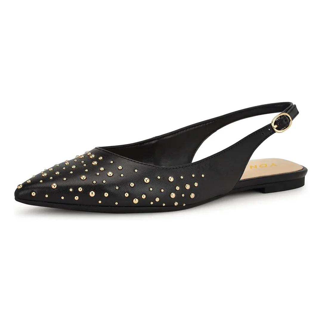 Vegan Leather Pointed Toe Gold Studs Slingback Flats in Black