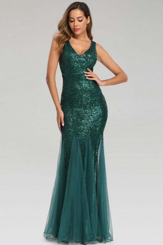 Dark Green Sequins Mermaid Evening Gowns Long Prom Dress With Tulle Ruffles