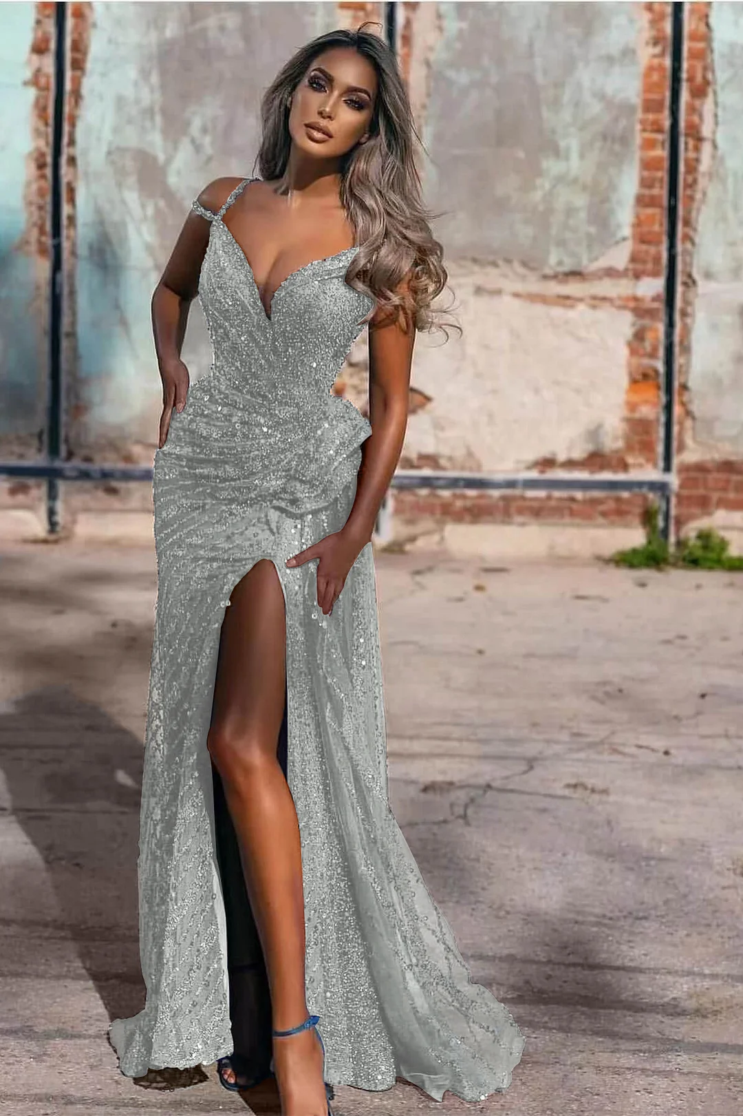 Elegant Off Shoulder Split Sequin Mermaid Dress