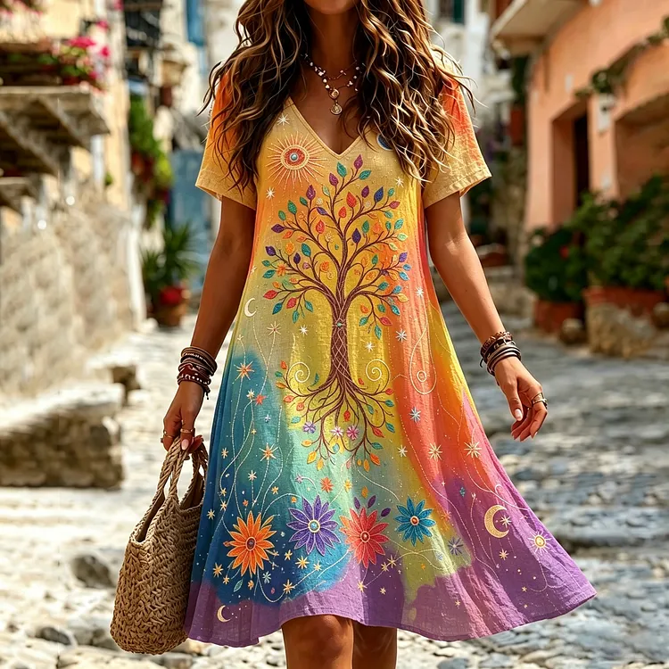 Women's Retro Hippie Tree Of Life Pattern V Neck Short Sleeve Linen Blend Midi Dress